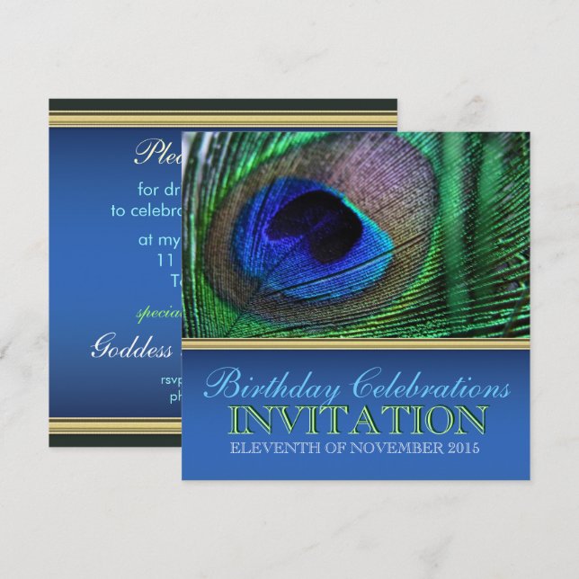 Peacock Blue+Green Feather Einladungen zum Geburts (Vorne/Hinten)