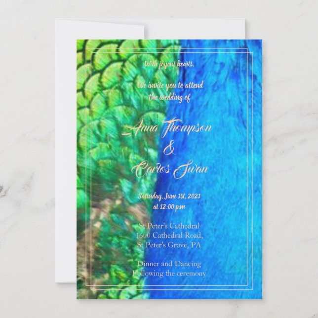 Peacock Blue Green Feather Texture Summer Wedding Einladung (Vorderseite)