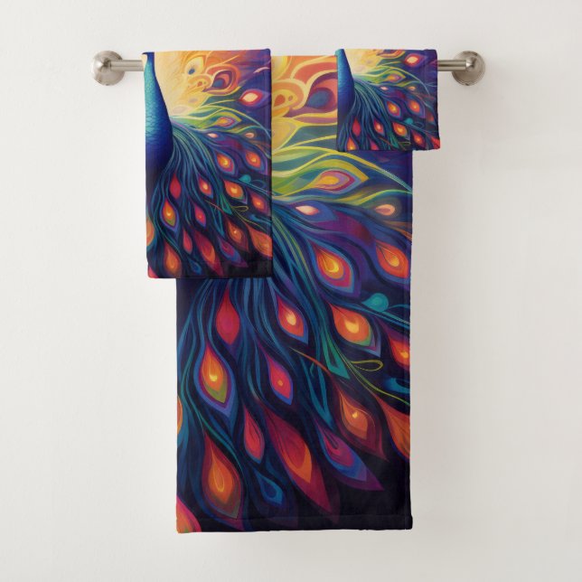 Peacock - Blue Green Rose Orange Jaune Plumes (En situation)