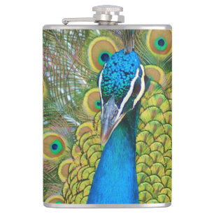 Peacock Blue Head mit bunten Schwanz Feathers Flachmann
