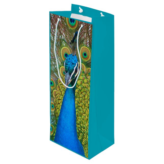 Peacock Blue Head mit bunten Schwanz Feathers Geschenktüte Für Weinflaschen (Rückseite Schrägansicht)