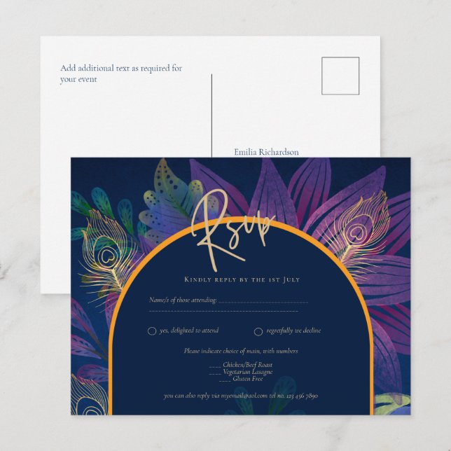 Peacock Blue Jewel Tones Floral Gold Text Wedding Postkarte (Vorne/Hinten)