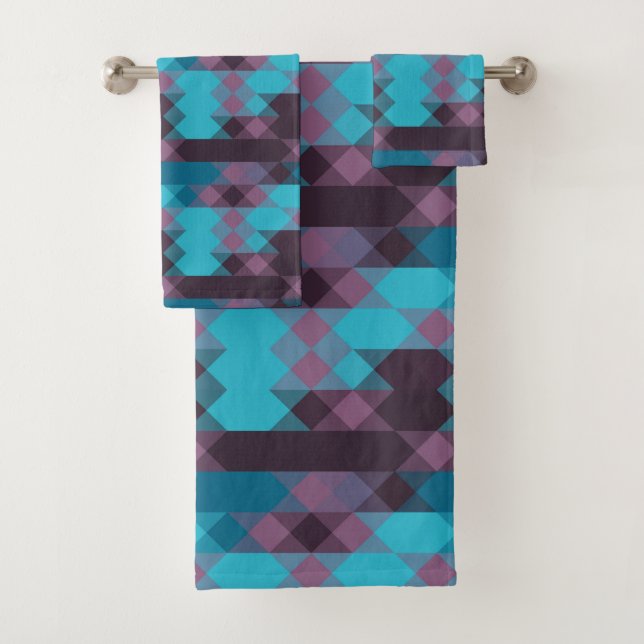 peacock blue, purple, topaz blue and thunder badhandtuch set (Insitu)