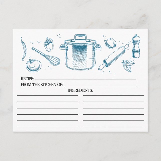 Peacock Blue Sketched Kitchen Tools Rezeptkarten Postkarte (Vorderseite)