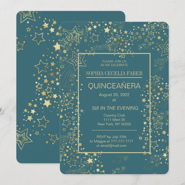 Peacock Blue und Gold Quinceñera Party Einladung (Vorne/Hinten)