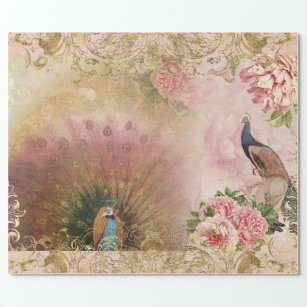 Peacock Blush Pink Peony Floral Gold Decoupage Geschenkpapier