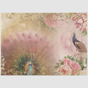 Peacock Blush Pink Peony Floral Gold Decoupage Seidenpapier