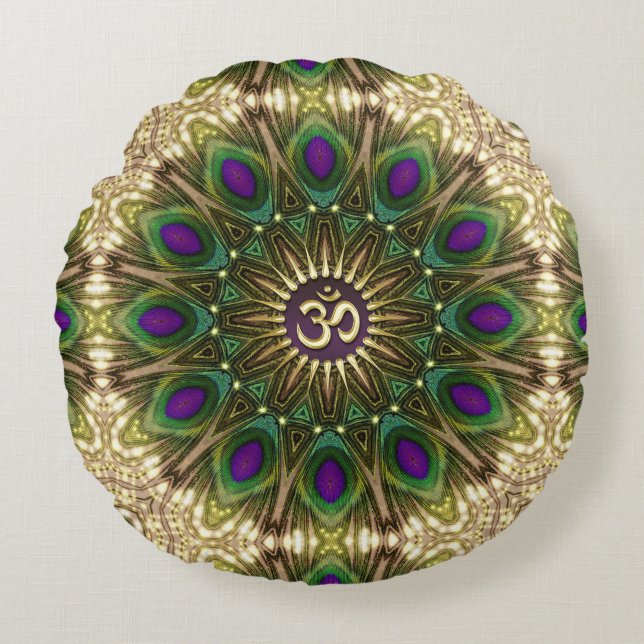 Peacock Bohemisch Mandala OM Yoga Round Cushi Rundes Kissen (Vorderseite)