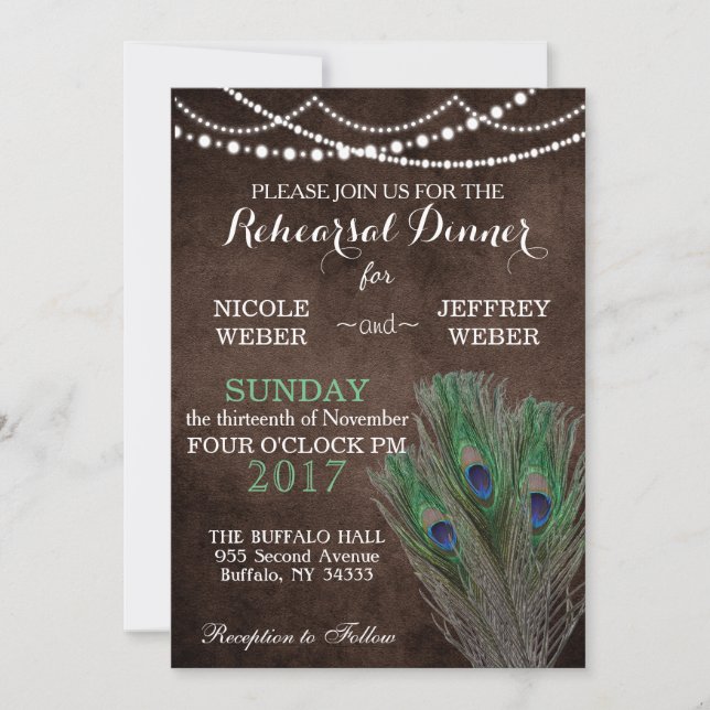 Peacock Boho Country Wood Rustic Wedding Einladung (Vorderseite)
