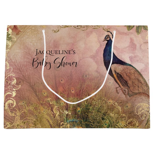 Peacock Chinoiserie Peony Floral Baby Girl Dusche Große Geschenktüte (Vorderseite)