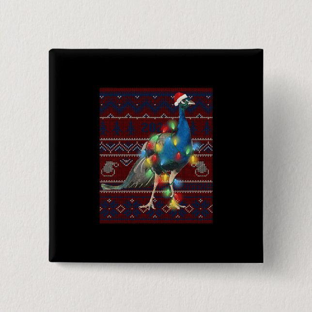 Peacock Christmas Lights Ugly Sweater Goat Lover Button (Vorderseite)