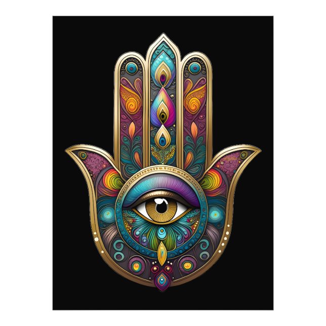 Peacock Colors Hamsa w/ Gold Third Eye Fotodruck (Vorne)