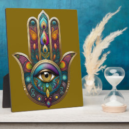 Peacock Colors Hamsa w/ Gold Third Eye Fotoplatte