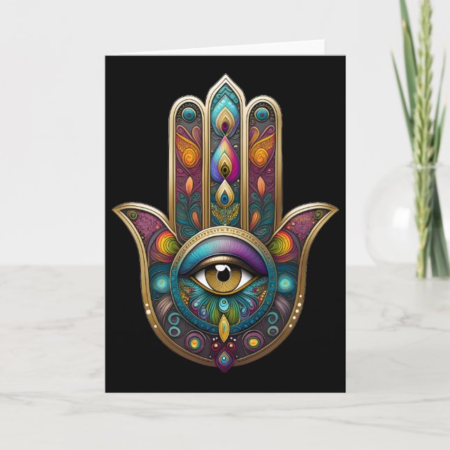 Peacock Colors Hamsa w/ Gold Third Eye Karte (Vorderseite)