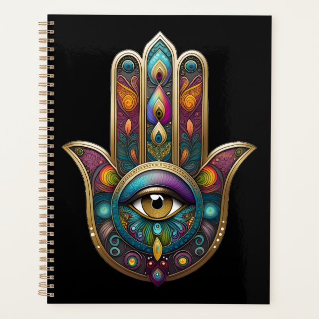 Peacock Colors Hamsa w/ Gold Third Eye Planer (Vorderseite)