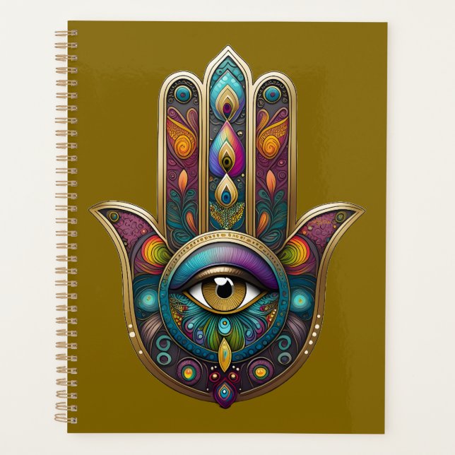 Peacock Colors Hamsa w/ Gold Third Eye Planer (Vorderseite)