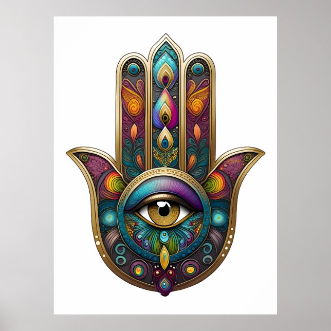 Peacock Colors Hamsa w/ Gold Third Eye Poster (Vorne)