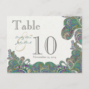 Peacock Colors Paisley Mariage Numéro de table