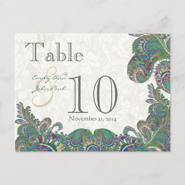 Peacock Colors Paisley Wedding Tischnummer (Vorderseite)