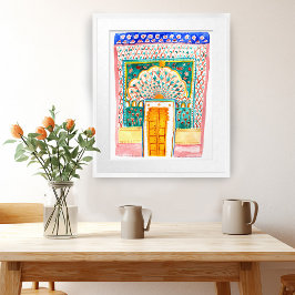 Peacock Door Watercolor Jaipur City Palace Pink Poster