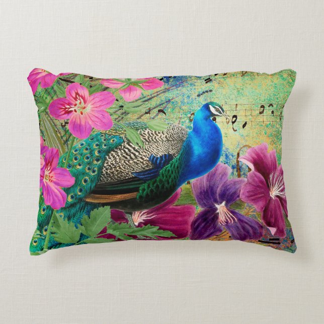 Peacock Elegant Blau Rosa Blume Grün Dekokissen (Vorderseite)