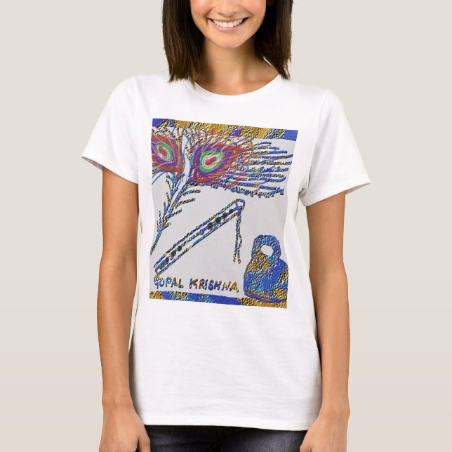 Peacock Feather and Flute - Hare Krishna T-Shirt (Vorderseite)