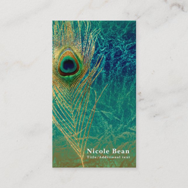 Peacock Feather Blue Aquamarin Gold Boho Chic Glam Visitenkarte (Vorderseite)