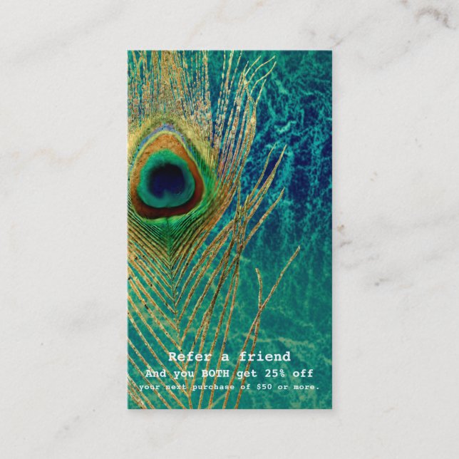 Peacock Feather Blue Aquamarin Gold Boho Empfehlungskarte (Vorderseite)