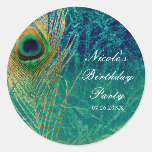 Peacock Feather Blue Aquamarin Gold Exotic Custom  Runder Aufkleber