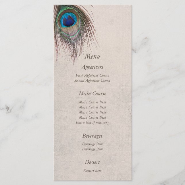 Peacock Feather Blue Wedding Menu Menükarte (Vorderseite)