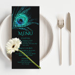 Peacock Feather Chic Glitzer Turquoise Bat Mitzvah Menükarte<br><div class="desc">Dieses Design besticht durch eine elegante türkisfarbene Pfauenfeder auf schwarzem Hintergrund mit den unten stehenden Informationen zum Bat Mitzvah Menu. Personalisieren Sie den Text in den Textfeldern, indem Sie ihn bearbeiten. Für Sie entworfen von Evco Studio www.zazzle.com/store/evcostudio #mitzvah #batmitzvah #evplanner #mazeltov #jewish #mitzvahswag #Party #jewishlife #wedding #kosher #mitzvahlife #corporateevents #mitzvahparty...</div>