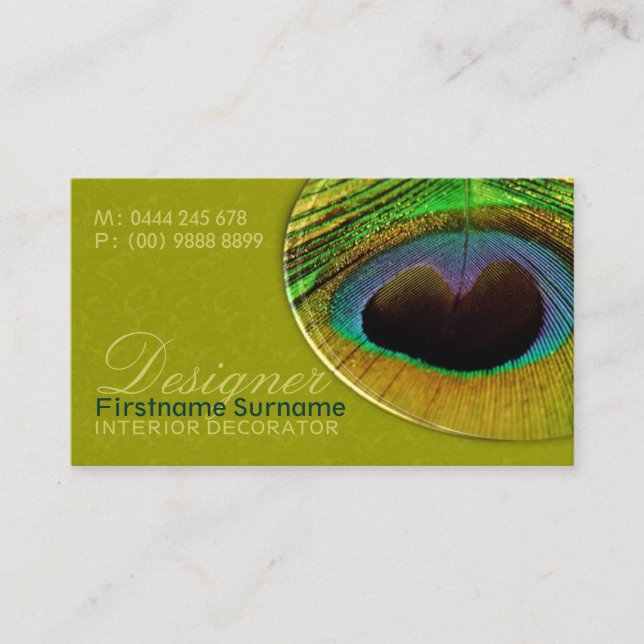 Peacock Feather Damask Wohngestaltung Designer Visitenkarte (Vorderseite)