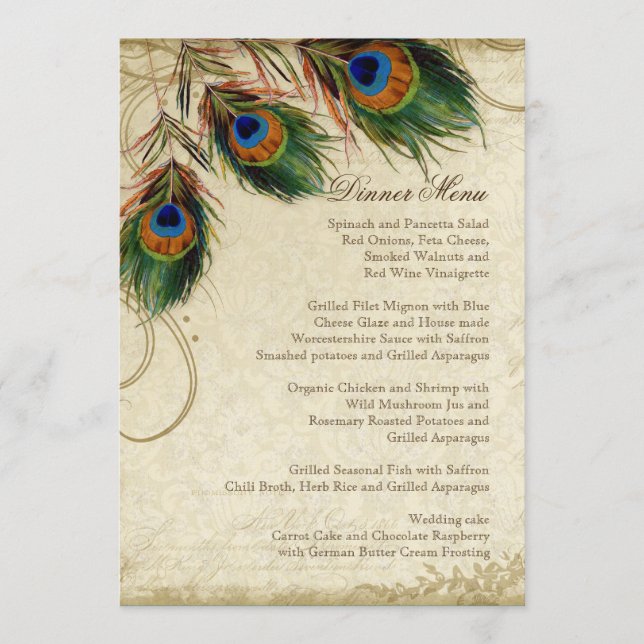 Peacock & Feather Elegant Matching Diner Menu (Devant)