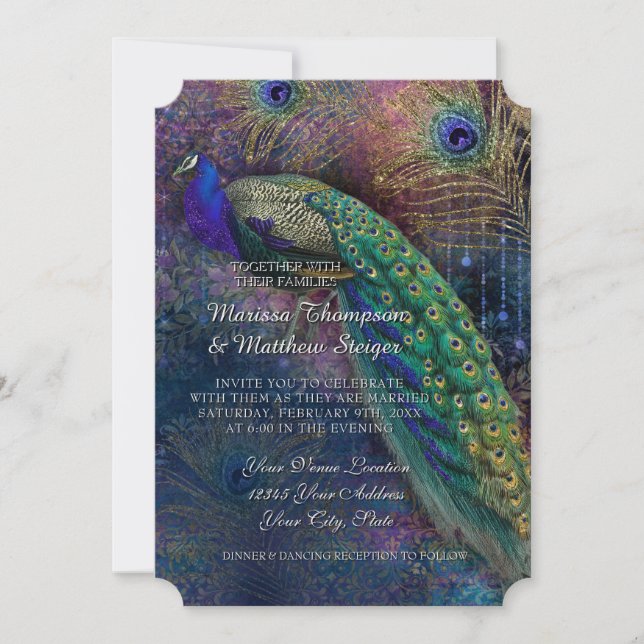 Peacock Feather Elegante Gold Winter Wedding  Einladung (Vorderseite)