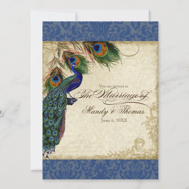 Peacock & Feather Formal Wedite Invite Navy Blue Einladung (Vorderseite)