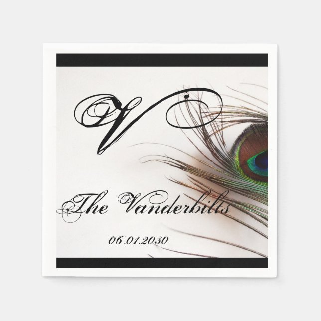 Peacock Feather Glamour Wedding Monogram Serviette (Vorderseite)