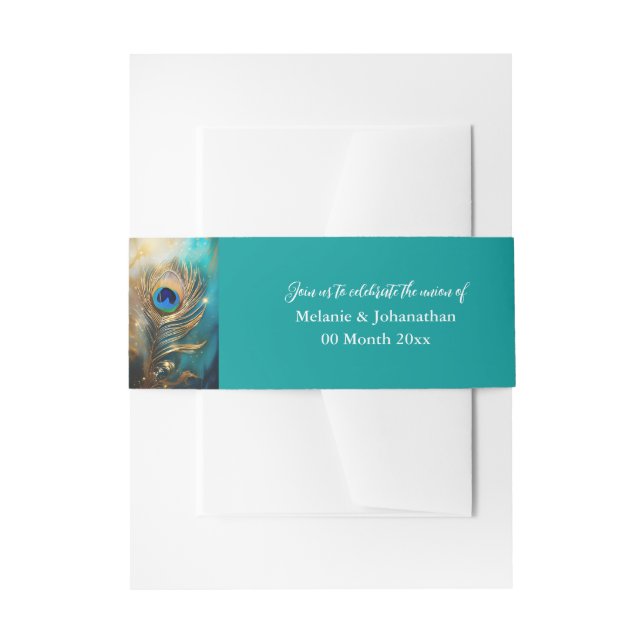 Peacock feather glänzend goldfarbener aquamariner  einladungsbanderole (Vorderseite Beispiel)