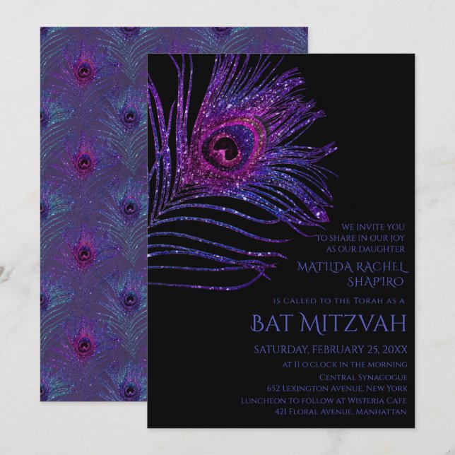 Peacock Feather Glitzer Lila Bat Mitzvah Logo Einladung (Vorne/Hinten)
