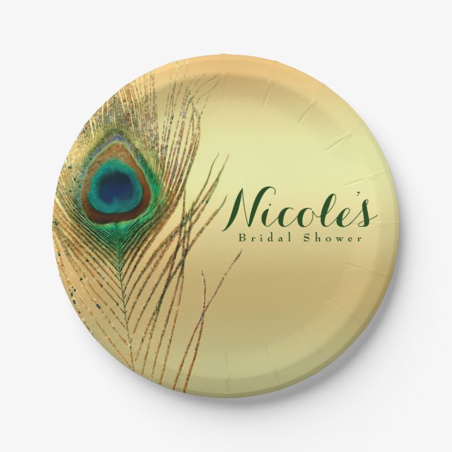 Peacock Feather Gold Exotic Boho Chic Custom Party Pappteller (Vorderseite)