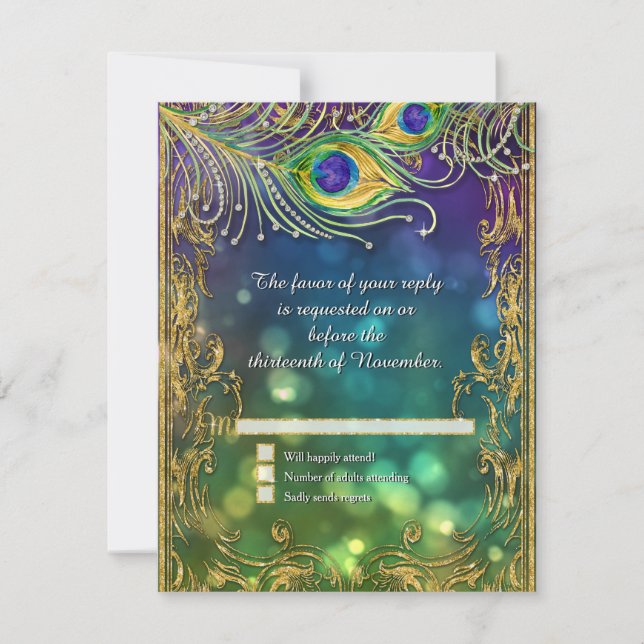 Peacock Feather Gold Glitzer Jeweled Wedding RSVP (Vorderseite)