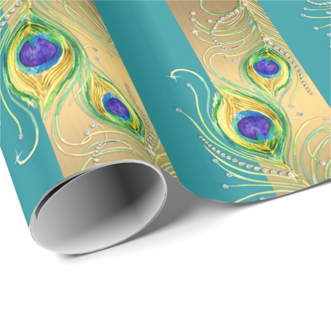 Peacock Feather Gold Swirl Barockschmuck Jewel Geschenkpapier (Rolleneckpunkt)