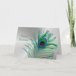 Peacock Feather Green Glitzer Silver Birthday Karte