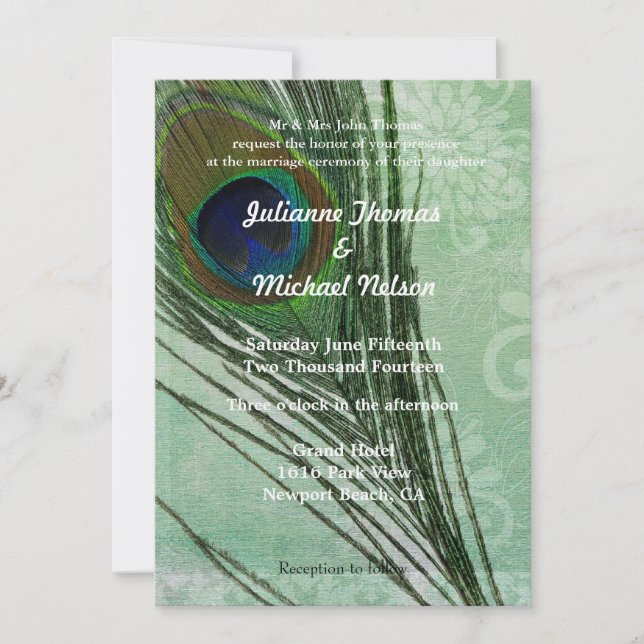 Peacock Feather Green Wedding Einladung (Vorderseite)