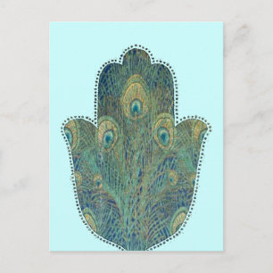 Peacock Feather Hamsa Postkarte