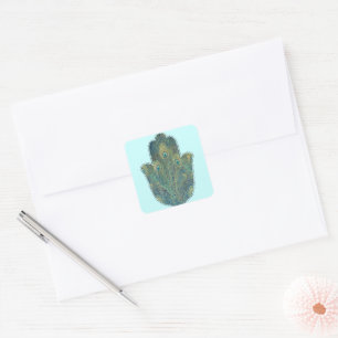 Peacock Feather Hamsa Quadratischer Aufkleber