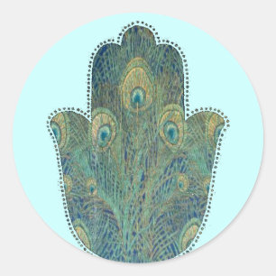 Peacock Feather Hamsa Runder Aufkleber