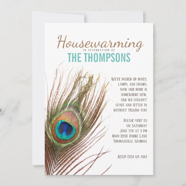 Peacock Feather Housewarming Einladung (Vorderseite)