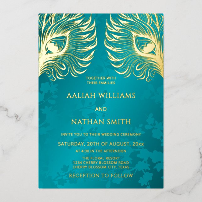 Peacock Feather Jewel Tone Gold Wedding  Folieneinladung (Vorderseite)