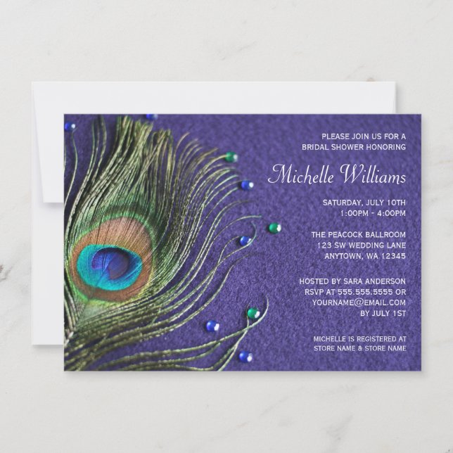 Peacock Feather Jewels Lila Brautparty Einladung (Vorderseite)