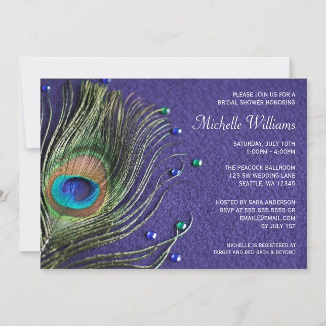 Peacock Feather Jewels Lila Brautparty Einladung (Vorderseite)